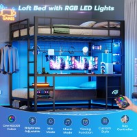 Dictac Full Size Over Twin Bunk Bed With Desk And Charging Station Metal Full Over Twin Loft Bed With Led Lights Storage Shelv