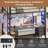 Dictac Full Size Over Twin Bunk Bed With Desk And Charging Station Metal Full Over Twin Loft Bed With Led Lights Storage Shelv