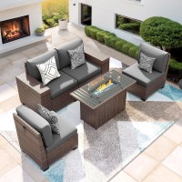 Vonzoy 5 Piece Patio Furniture Set With Fire Pit Table Outdoor Sectional Conversation Sets Grey Wicker Rattan Sectional Sofa Fo