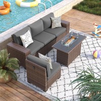 Vonzoy 5 Piece Patio Furniture Set With Fire Pit Table Outdoor Sectional Conversation Sets Grey Wicker Rattan Sectional Sofa Fo