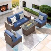 Vonzoy 5 Piece Patio Furniture Set With Fire Pit Table Outdoor Conversation Sets Brown Wicker Rattan Sectional Sofa 4 Thicke