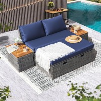 Devoko Patio Day Bed Outdoor Daybed Set Multifunctional Rattan Lounge Bed With 2 Side Tables For Backyard Porch Poolside Lawn Beach (Navy Blue)