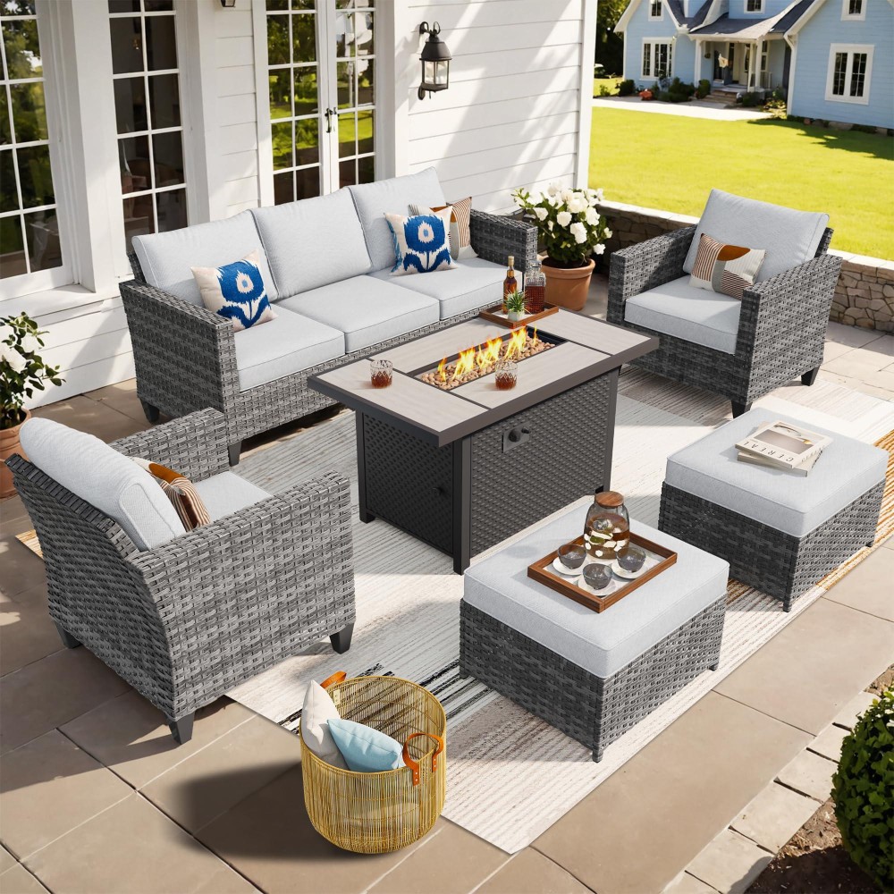 Ovios Patio Furniture Set 6 Pieces Outdoor Wicker Rattan Sofa Couch With Fire Pit Table Ottomans And Comfy Cushions All Weath