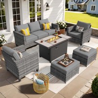 Ovios Patio Furniture Set 6 Pieces Outdoor Wicker Rattan Sofa Couch With Fire Pit Table Ottomans And Comfy Cushions All Weath