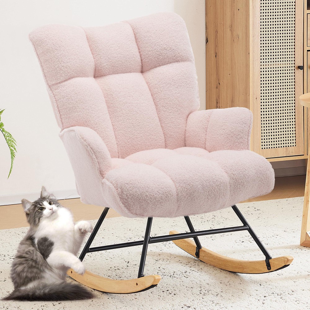 Zedachica Nursery Rocking Chair Teddy Upholstered Glider Rocker Rocking Accent Chair With High Backrest Comfy Armchair With Padd