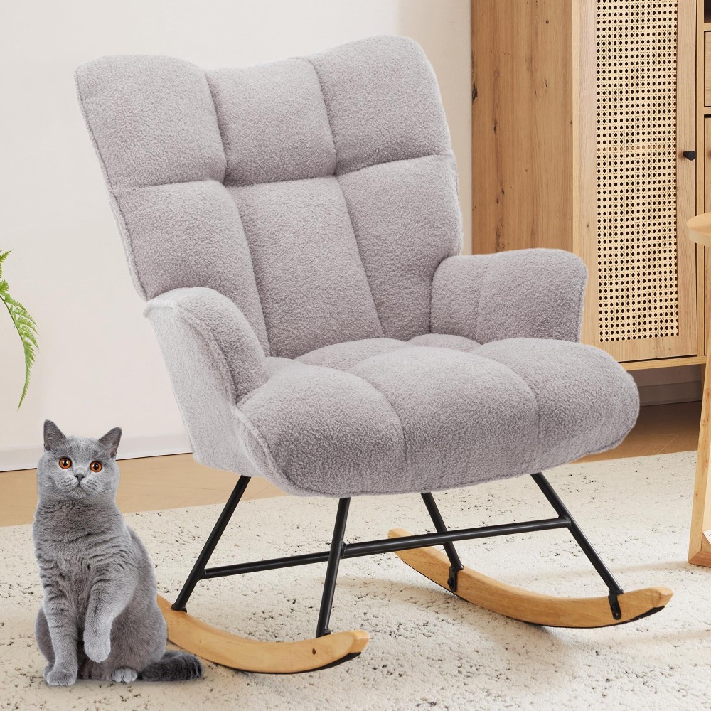 Zedachica Nursery Rocking Chair Teddy Upholstered Glider Rocker Rocking Accent Chair With High Backrest Comfy Armchair With Padd