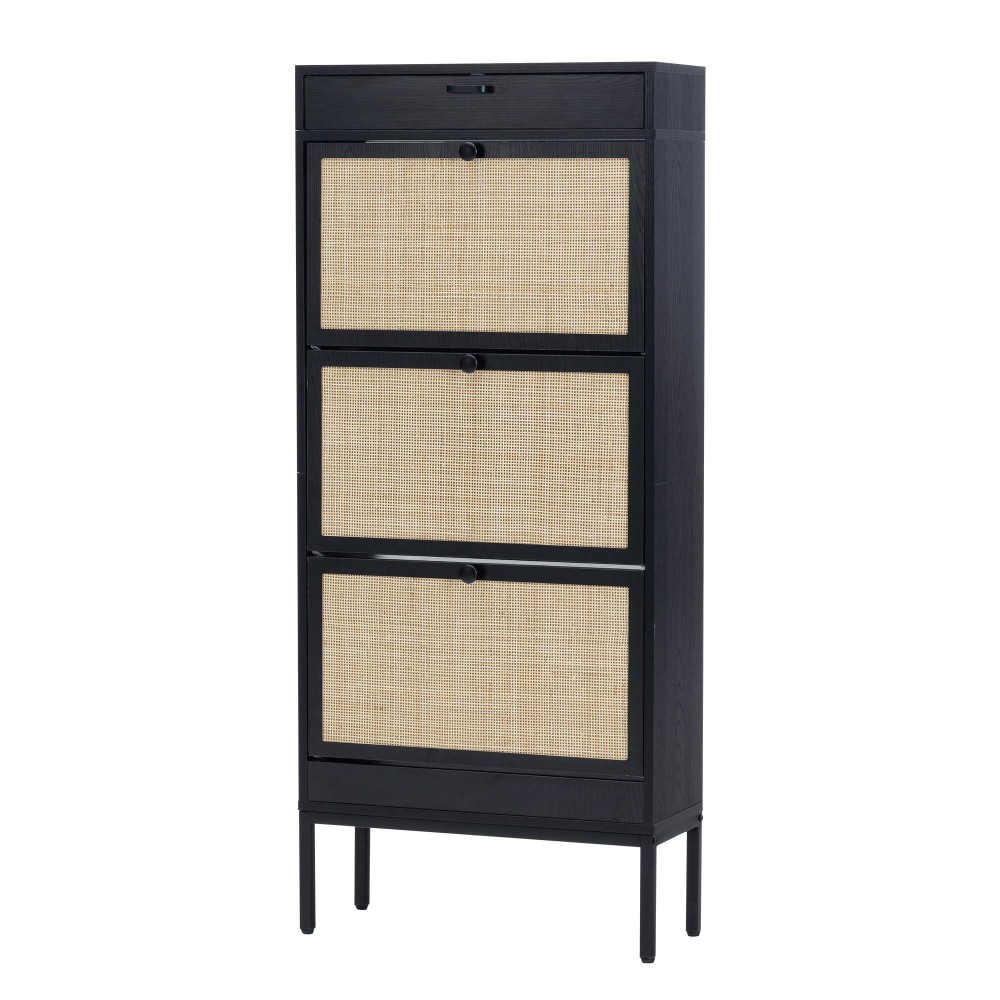 Xiao Wei Shoe Cabinet Natural Rectangular Handmade Rattan Shoe Storage Organizer Cabinet With 3 Flip Drawers Freestanding Shoe