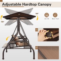 Homrest Outdoor Porch Swing With Adjustable Hardtop Backrest 3Person Patio Canopy Swing Textilene Bed With Side Cup Holder P