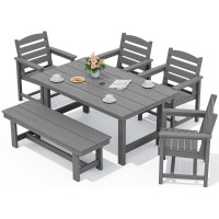 Serwall Patio Dining Table And Bench Set For 6 Gray