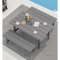 Serwall Outdoor Dining Table And Bench Set Outdoor Hdpe Dining Furniture Set With Umbrella Hole Cutout Table And 2 Outdoor Din