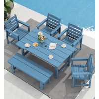 Serwall Patio Dining Table And Bench Set For 6 Blue