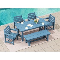 Serwall Patio Dining Table And Bench Set For 6 Blue