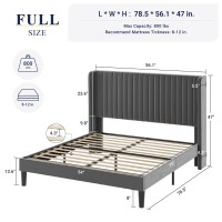 Allewie Full Size Velvet Bed Frame/Vertical Channel Tufted Wingback Headboard/Upholstered Platform Bed/Strong Wooden Slats/No Box Spring Needed/Easy Assembly/Grey