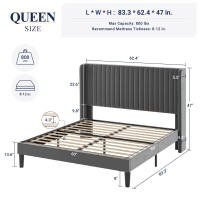 Allewie Queen Size Velvet Bed Frame/Vertical Channel Tufted Wingback Headboard/Upholstered Platform Bed/Strong Wooden Slats/No Box Spring Needed/Easy Assembly/Grey