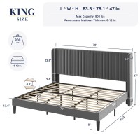 Allewie King Size Velvet Bed Frame/Vertical Channel Tufted Wingback Headboard/Upholstered Platform Bed/No Box Spring Needed/Strong Wooden Slats/Easy Assembly/Grey