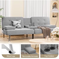 Shahoo Modern Linen Upholstered Convertible Folding Futon Sofa Bed With Removable Armrests Metal Legs 2 Cup Holders For Living