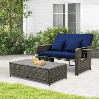 Tangkula Patio Rattan Daybed Set Wicker Loveseat Sofa Wmultipurpose Ottoman Retractable Side Tray 4Level Adjustable Backre