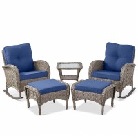 5 Piece Patio Rocking Chairs Furniture Set - Outdoor Wicker Furniture With Ottomans And Side Table  Rattan Conversation Bistro Set For Porch Deck Balcony