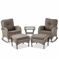 5 Piece Patio Rocking Chairs Furniture Set - Outdoor Wicker Furniture With Ottomans And Side Table  Rattan Conversation Bistro Set For Balcony Deck Porch