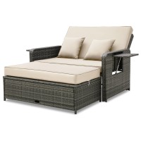 Tangkula Patio Rattan Daybed Set Wicker Loveseat Sofa Wmultipurpose Ottoman Retractable Side Tray 4Level Adjustable Backre