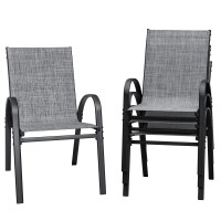 Flamaker Patio Chairs Stackable Dining Chairs Set Of 4 Metal And Teslin Outdoor Chairs For Lawn Deck Balcony Porch Grey