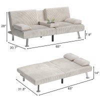 Shahoo Modern Upholstered Convertible Folding Futon Sofa Bed With Removable Armrests Metal Legs 2 Cup Holders For Living Room