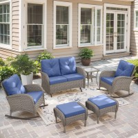 6 Pieces Wicker Patio Furniture Set With Patio Rocking Chairs  High Back Patio Conversation Set Outdoor Loveseat Glider With Ottoman And Rattan Side Table For Deck Sunroom Backyard