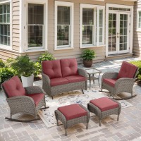 6 Pieces Wicker Patio Furniture Set With Patio Rocking Chairs  High Back Patio Conversation Set Outdoor Loveseat Glider With Ottoman And Rattan Side Table For Deck Sunroom Backyard