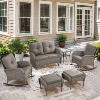 6 Pieces Wicker Patio Furniture Set With Patio Rocking Chairs  High Back Patio Conversation Set Outdoor Loveseat Glider With Ottoman And Rattan Side Table For Sunroom Deck Backyard