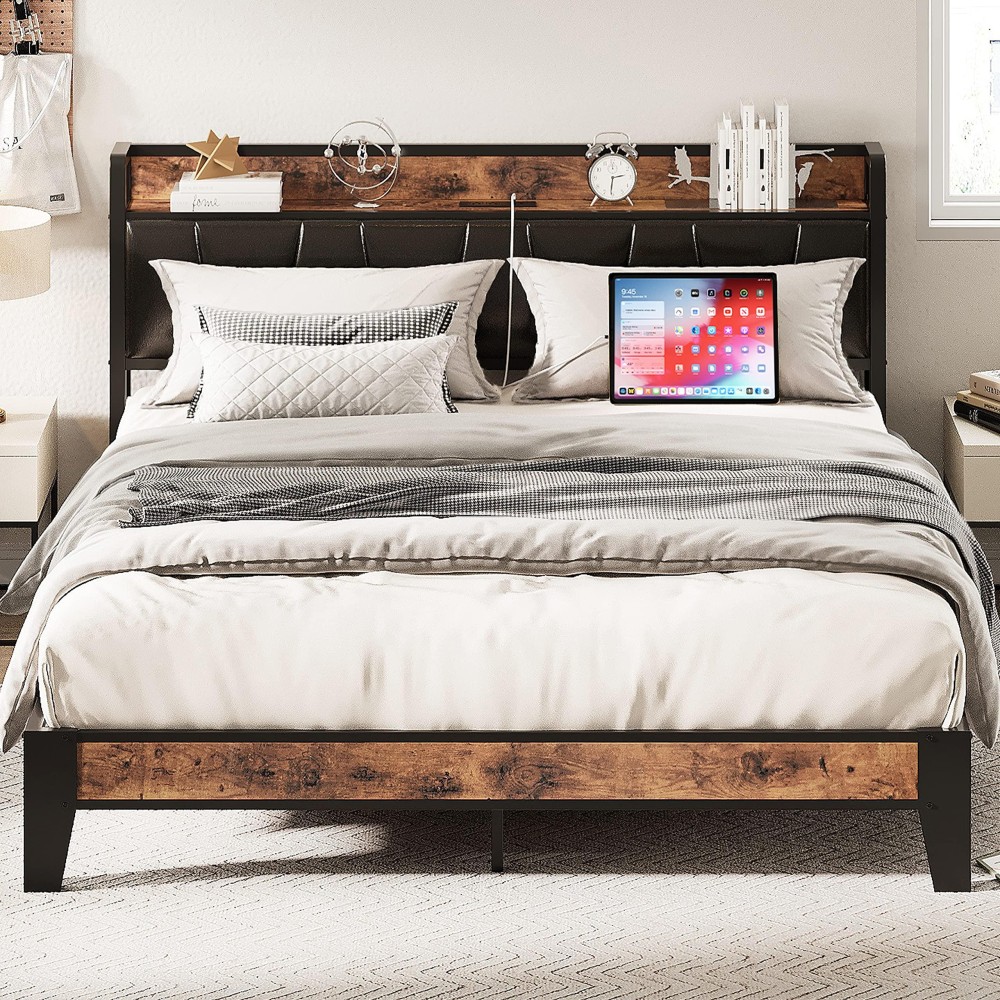 Likimio Queen Bed Frame Storage Headboard With Charging Station Solid And Stable Noise Free No Box Spring Needed Easy Assem