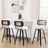 Bekrvio Swivel Counter Height Bar Stools Set Of 3 Upholstered Faux Leather Barstools With Rattan Back 26 Seat Height Bar Cha