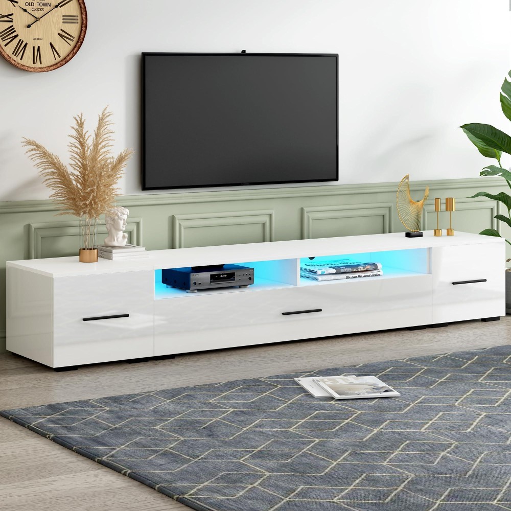 Merax Minimalist Style Extended Led Tv Stand With Color Changing Lights Modern Universal Entertainment Center High Gloss Cabin