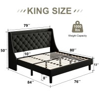 Feonase King Size Bed Frame With Luxury Wingback And Fast Charging Station Upholstered Button Tufted Storage Headboard Platform