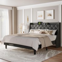 Feonase King Size Bed Frame With Luxury Wingback And Fast Charging Station King Upholstered Button Tufted Storage Headboard Plat