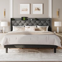 Feonase King Size Bed Frame With Luxury Wingback And Fast Charging Station King Upholstered Button Tufted Storage Headboard Plat