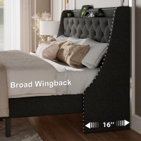 Feonase King Size Bed Frame With Luxury Wingback And Fast Charging Station King Upholstered Button Tufted Storage Headboard Plat