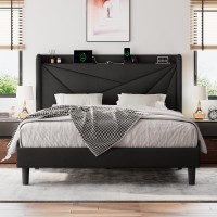 Einhomn Queen Size Upholstered Bed Frame With Charging Station  Platform Bed Frame With Storage Headboard  Solid Wood Slats Support  No Box Spring Needed  Black