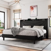 Einhomn King Size Upholstered Bed Frame With Charging Station  Platform Bed Frame With Storage Headboard  Solid Wood Slats Support  No Box Spring Needed  Black