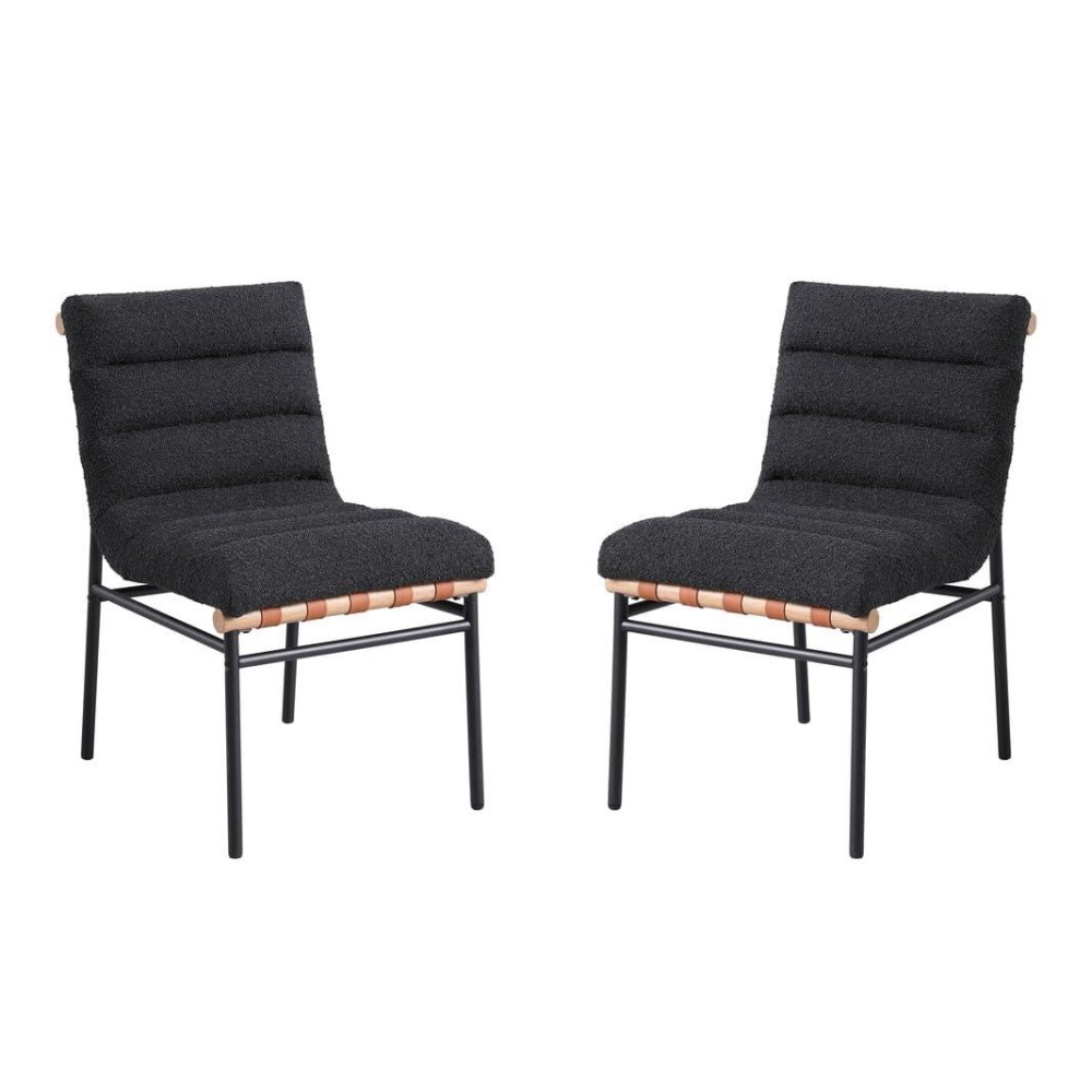 Lahni Black Boucle Fabric Set Of 2 Dining Chair With Black Iron Legs