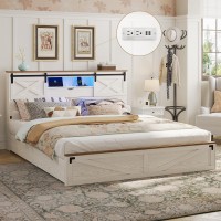 Hasuit Farmhouse Bed Frame California King Size With Led Lights And Charging Station Wooden Cal King Bed With 2 Storage Drawers