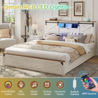 Hasuit Farmhouse Bed Frame California King Size With Led Lights And Charging Station Wooden Cal King Bed With 2 Storage Drawers