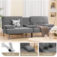 Shahoo Modern Linen Upholstered Convertible Folding Futon Sofa Bed With Removable Armrests Metal Legs 2 Cup Holders For Living