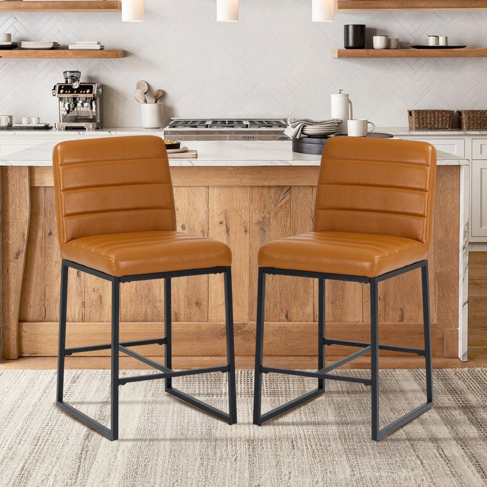 Colamy Leather Bar Stools Set Of 2 Modern Counter Height Barstools Kitchen Bar Chairs Island Stools With Upholstered Back And M