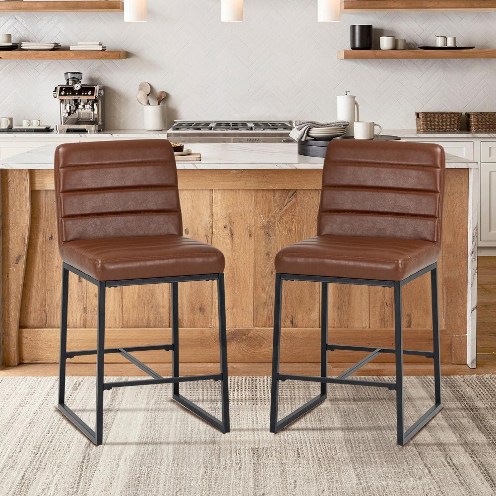 Colamy Leather Bar Stools Set Of 2 Modern Counter Height Barstools Kitchen Bar Chairs Island Stools With Upholstered Back And M