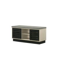 Brett 385W Oak Finish Shoe Cabinet With Sliding Doors Upholstered Top