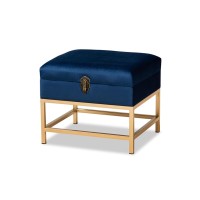 Baxton Studio Aliana Glam And Luxe Navy Blue Velvet Fabric Upholstered And Gold Finished Metal Small Storage Ottoman