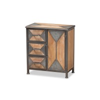 Baxton Studio Laurel Rustic Industrial Antique Grey Finished Metal And Whitewashed Oak Brown Finished Wood 3-Drawer Accent Storage Cabinet