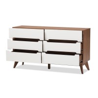 Baxton Studio Calypso Mid-Century Modern White And Walnut Wood 6-Drawer Storage Dresser