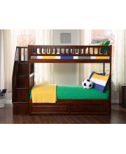 Woodland Staircase Bunk Bed Twin over Twin with Twin Size Raised Panel Trundle Bed in Walnut
