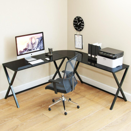 Ryan Rove Keeling 3 Piece L Shaped Computer Desk - Home and Office Corner Organizer with Side Table and Keyboard Tray - Laptop,